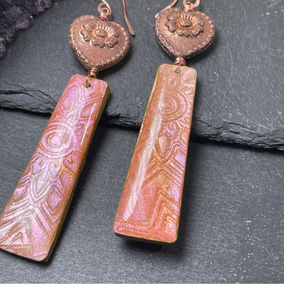 Hand Crafted Copper and Pink Dangle Embossed Resin Heart Earrings - Picture 4 of 13